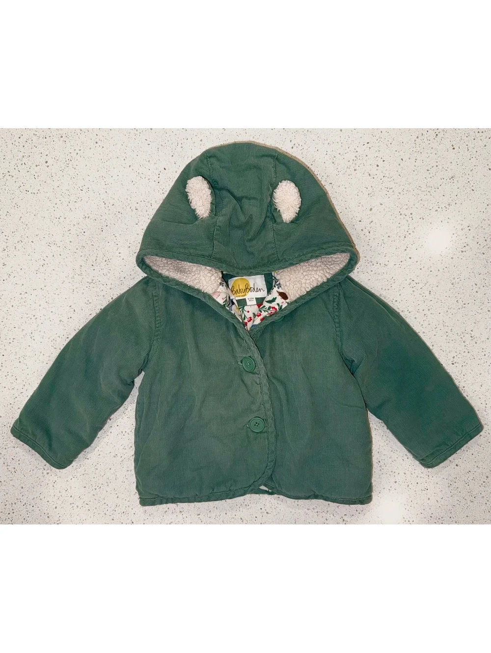 Baby Boden Green Hooded Jacket with Animal Print Lining Size 6-12 Months